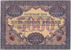 Банкнота. РСФСР. Расчётный знак. 5000 рублей 1919 год. (Крестинский - Бубякин), в/з волны.