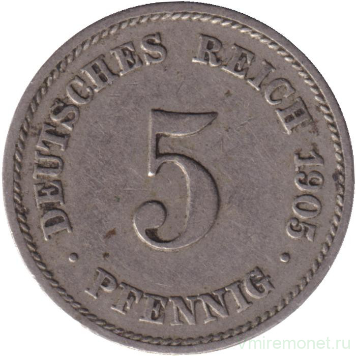 Монета. Германская империя. 5 пфеннигов 1905 год. (E).