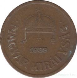 Монета. Венгрия. 2 филлера 1938 год.