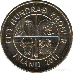 Монета. Исландия. 100 крон 2011 год.