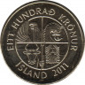  Монета. Исландия. 100 крон 2011 год. ав.