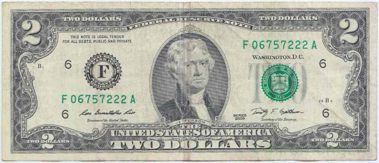 Банкнота. США. 2 доллара 2009 год. Серия F. Тип 530А.