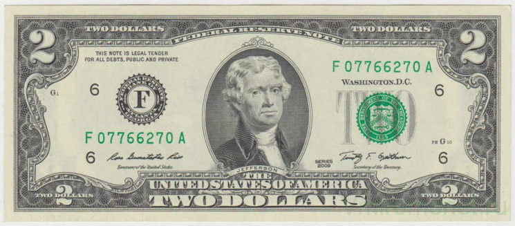 Банкнота. США. 2 доллара 2009 год. Серия F. Тип 530А.