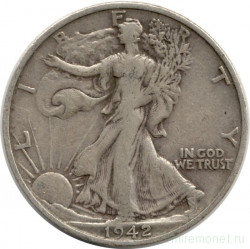 Монета. США. 50 центов 1942 год. Шагающая свобода. Монетный двор S.
