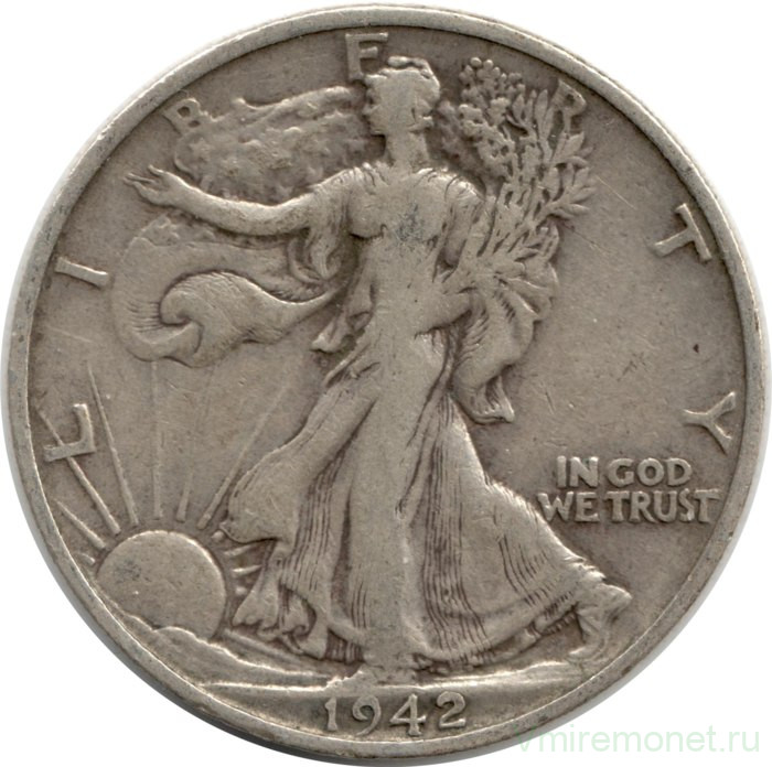 Монета. США. 50 центов 1942 год. Шагающая свобода. Монетный двор S.