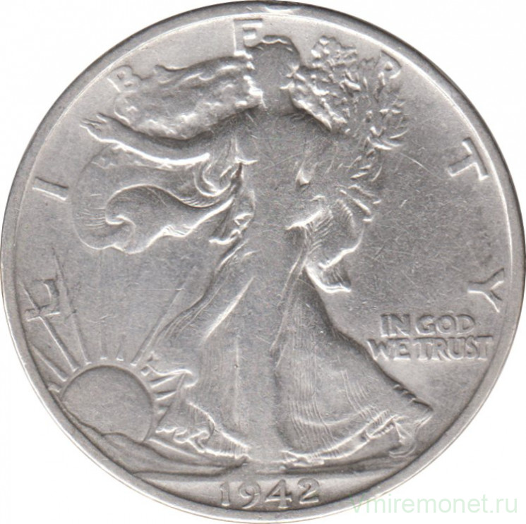 Монета. США. 50 центов 1942 год. Шагающая свобода. Монетный двор - Сан-Франциско (S).