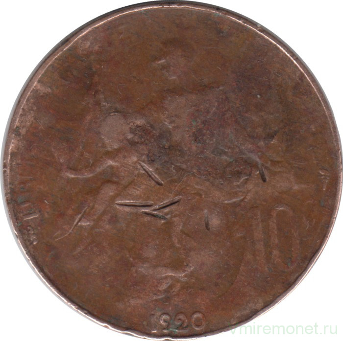 Монета. Франция. 10 сантимов 1920 год. Без отверстия.