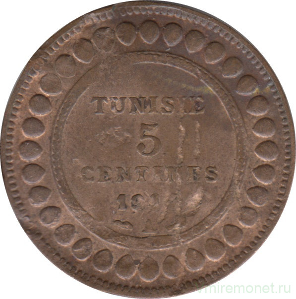 Монета. Тунис. 5 сантимов 1914 год.