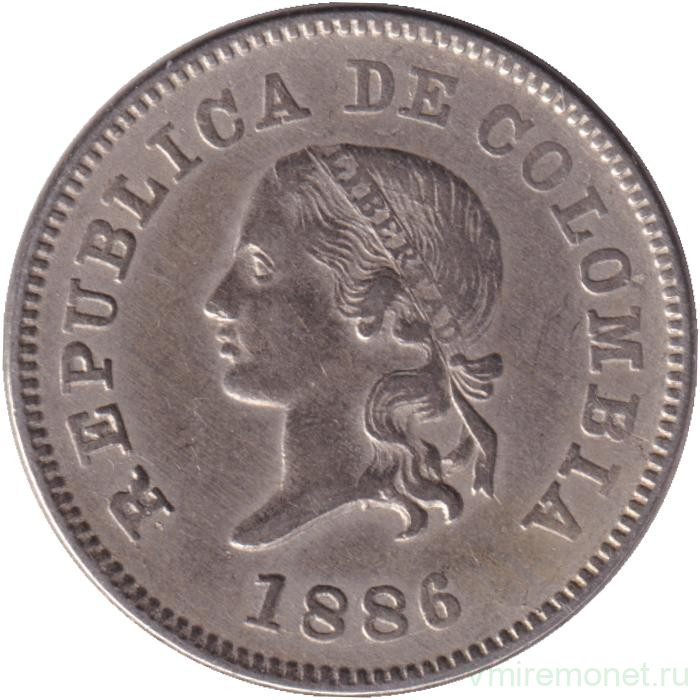 Монета. Колумбия. 5 сентаво 1886 год. Цифра 5 маленькая, верхний хвостик длинный.