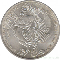 Монета. ФРГ. 5 марок 1976 год. 300 лет со дня смерти Ганса Якоба Кристоффеля фон Гриммельсгаузена.