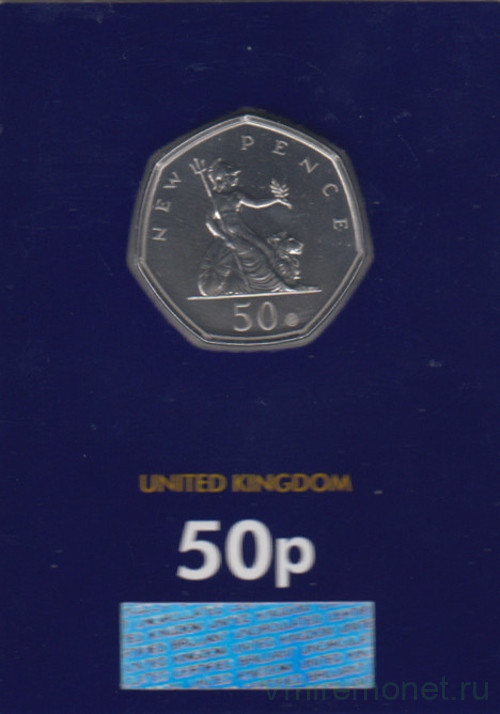 Монета. Великобритания. 50 пенсов 2019 год. 50 лет монете 50 пенсов - Британия. В блистере.