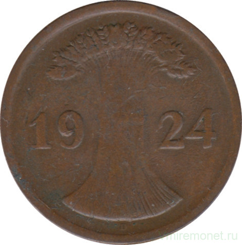 Монета. Германия. Веймарская республика. 2 рейхспфеннига 1924 год. Монетный двор - Мюнхен (D).