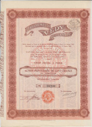 Акция. Франция. Париж. Акционерное общество "ETABLISSEMENTS VEDY". Акция привилегированая на предъявителя в 100 франков 1925 год.