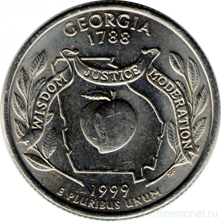 Монета. США. 25 центов 1999 год. Штат № 4 Джорджия. Монетный двор D.