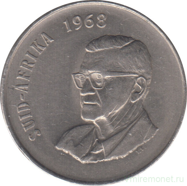 Монета. Южно-Африканская республика (ЮАР). 50 центов 1968 год. Окончание президентства Чарльза Сварта. Аверс - "SUID AFRIKA".