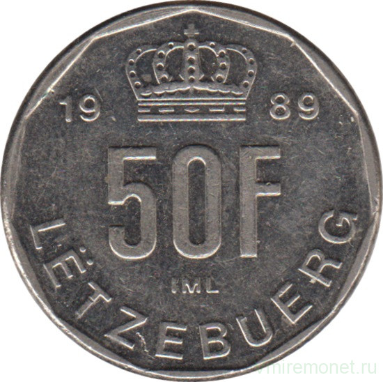 Монета. Люксембург. 50 франков 1989 год. Аверс - надпись "Люксембург".