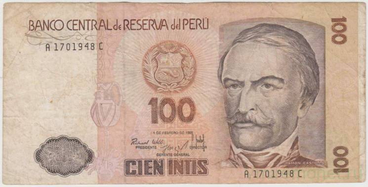 Банкнота. Перу. 100 инти 1985 год. Тип 132а (1).