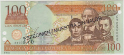 Банкнота. Доминиканская республика. 100 песо 2002 год. Образец. Тип 171b.