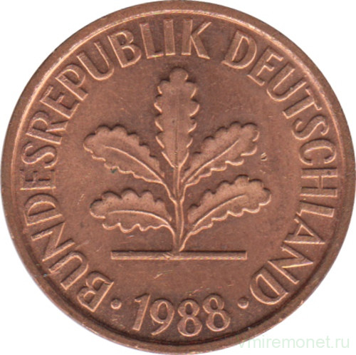 Монета. ФРГ. 2 пфеннига 1988 год. Монетный двор - Штутгарт (F).