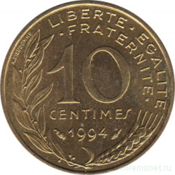 Монета. Франция. 10 сантимов 1994 год. Дельфин (знак гравёра).
