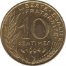 Монета. Франция. 10 сантимов 1994 год. Дельфин ( знак гравёра ). ав.