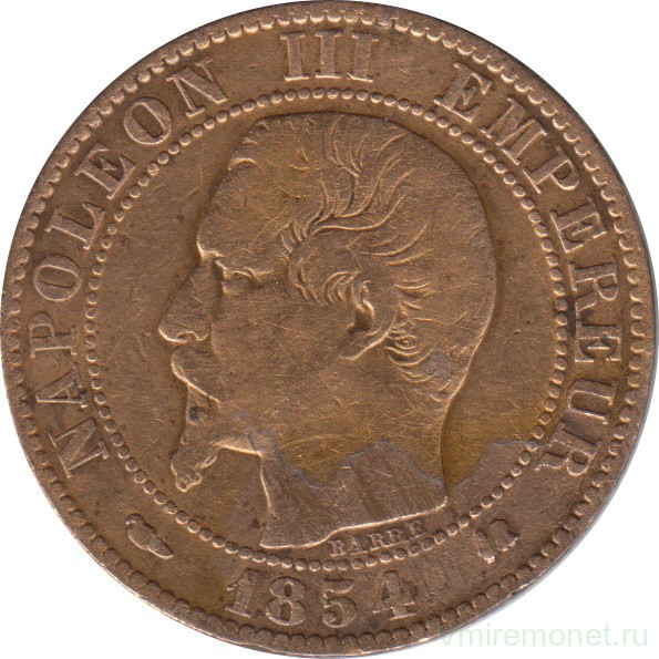 Монета. Франция. 5 сантимов 1854 год. К.