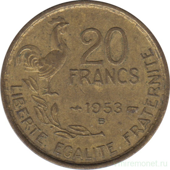 Монета. Франция. 20 франков 1953 год. Монетный двор - Бомон-ле-Роже (B).