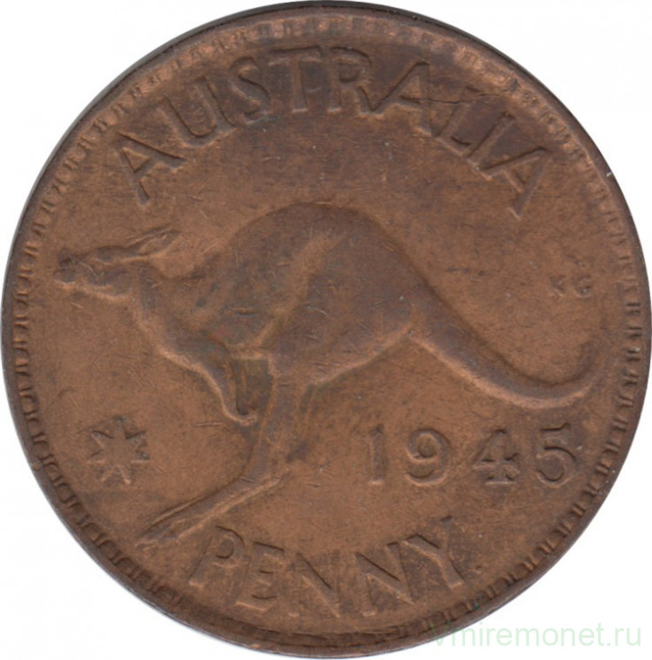 Монета. Австралия. 1 пенни 1945 год. Точка после "PENNY".