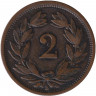Монета. Швейцария. 2 раппена 1875 год.