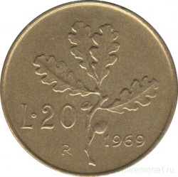 Монета. Италия. 20 лир 1969 год.