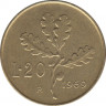 Монета. Италия. 20 лир 1969 год. ав.