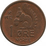  Монета. Норвегия. 1 эре 1972 год. ав.