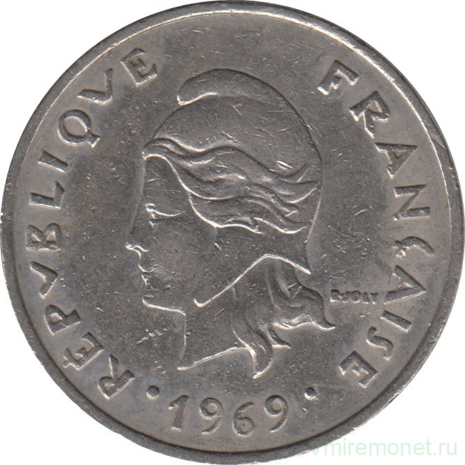 Монета. Французская Полинезия. 20 франков 1969 год.