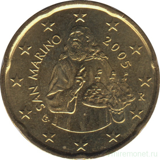 Монета. Сан-Марино. 20 центов 2005 год.