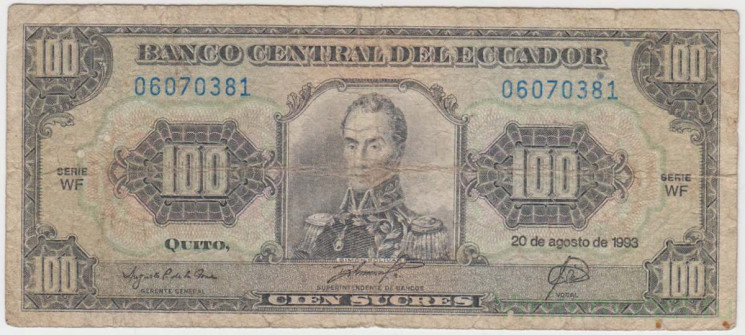 Банкнота. Эквадор. 100 сукре 1993 год.