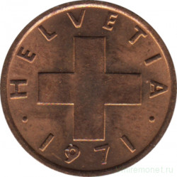 Монета. Швейцария. 1 раппен 1971 год.