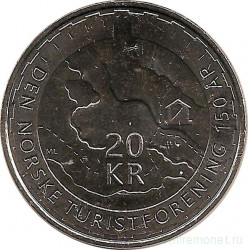 Монета. Норвегия. 20 крон 2018 год. 150 лет норвежской ассоциации треккинга.