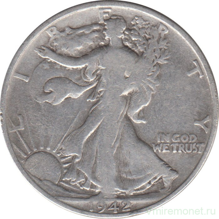 Монета. США. 50 центов 1942 год. Шагающая свобода. Монетный двор - Денвер (D).