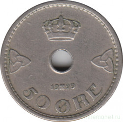 Монета. Норвегия. 50 эре 1929 год.