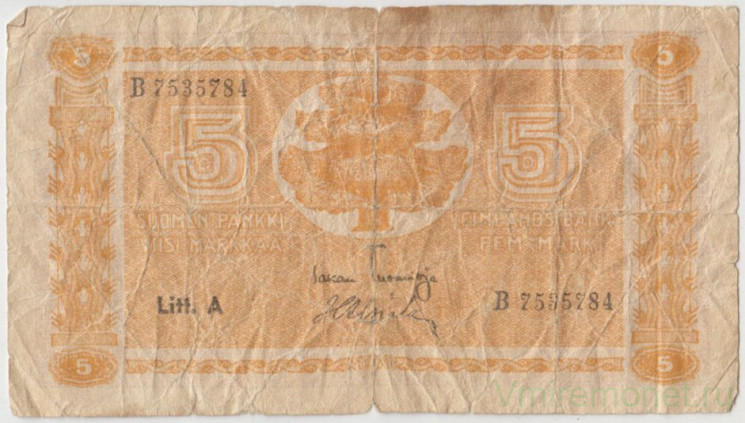 Банкнота. Финляндия. 5 марок 1945 год. Тип 76а(11).