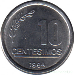 Монета. Уругвай. 10 сентесимо 1994 год.