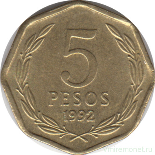 Монета. Чили. 5 песо 1992 год. Новый тип.