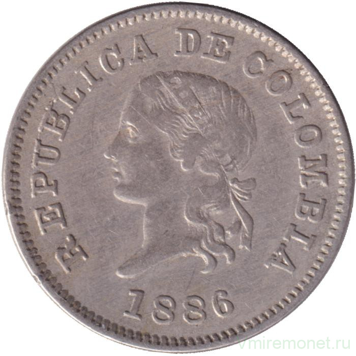 Монета. Колумбия. 5 сентаво 1886 год. Цифра 5 крупная.