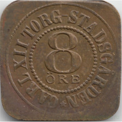 Жетон транспортный. Швеция. Стокгольм. Железнодорожный, компании "Carl XII Torg Stadsgarden". 8 эре.