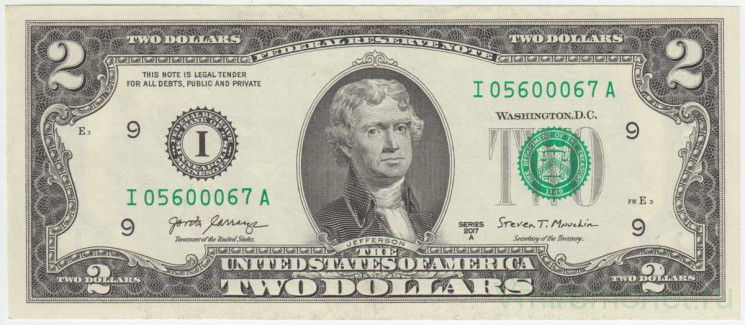 Банкнота. США. 2 доллара 2017 год. Серия I.