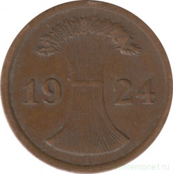 Монета. Германия. Веймарская республика. 2 рейхспфеннига 1924 год. Монетный двор - Мюльденхюттен (E).