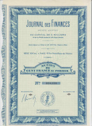 Акция. Франция. Париж. Акционерное общество "Journal des Finances". Акция на предъявителя в 100 франков 1927 год.