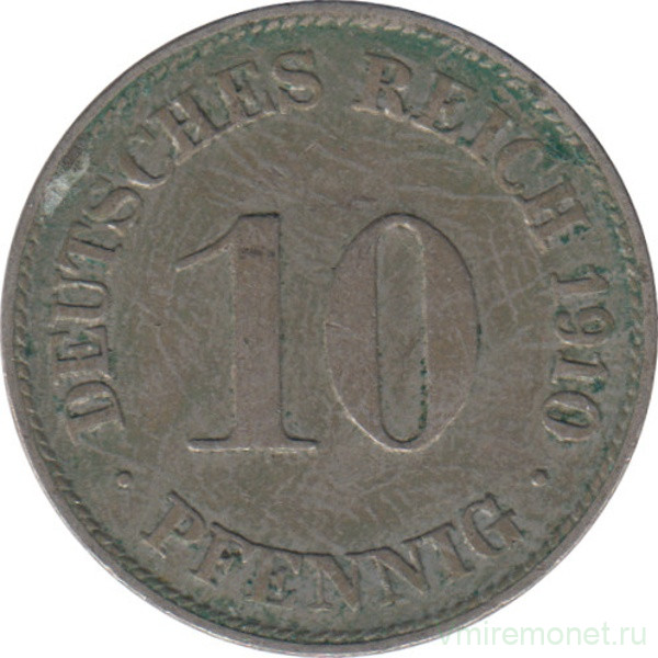 Монета. Германская империя. 10 пфеннигов 1910 год. (D).