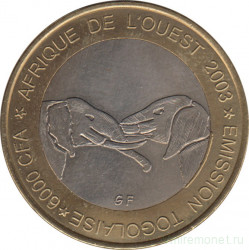 Монета. Того. 6000 франков 2003 год. Слоны.