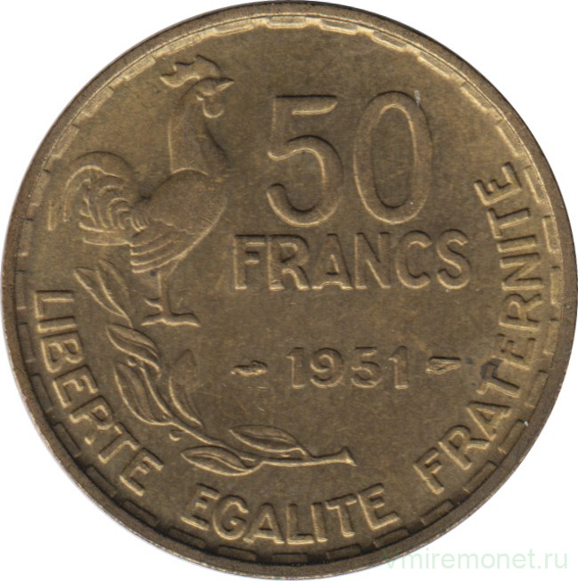 Монета. Франция. 50 франков 1951 год. Монетный двор - Париж.